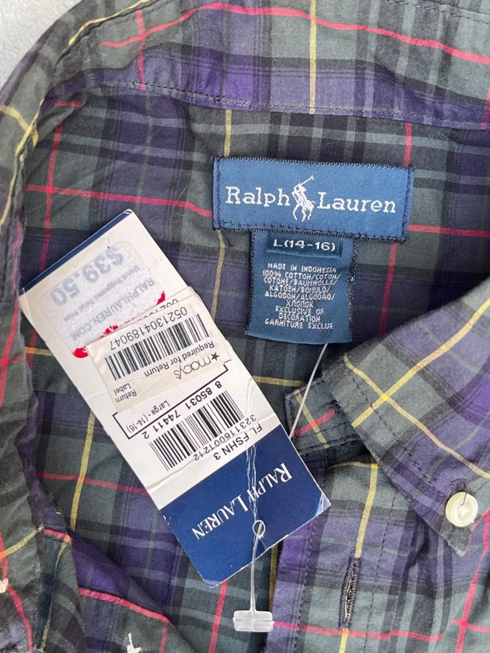 NWT Ralph Lauren kids Purple Plaid Button-Down Shirt Preppy classic spring Large